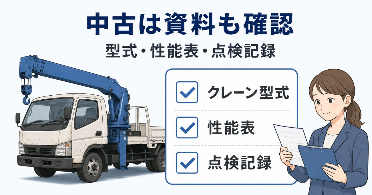 中古の日野ユニックでクレーン型式と性能表と点検記録を確認するチェック図