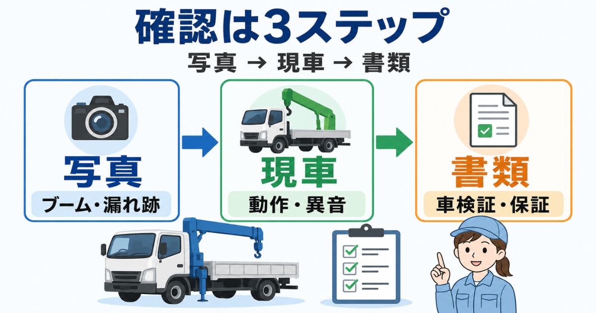 日野ユニック中古の現車確認を写真・現車・書類の3ステップで整理する図解