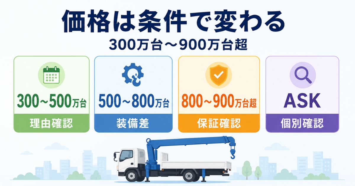日野ユニック中古の価格帯を300万台から900万円台以上まで条件別に整理した図解