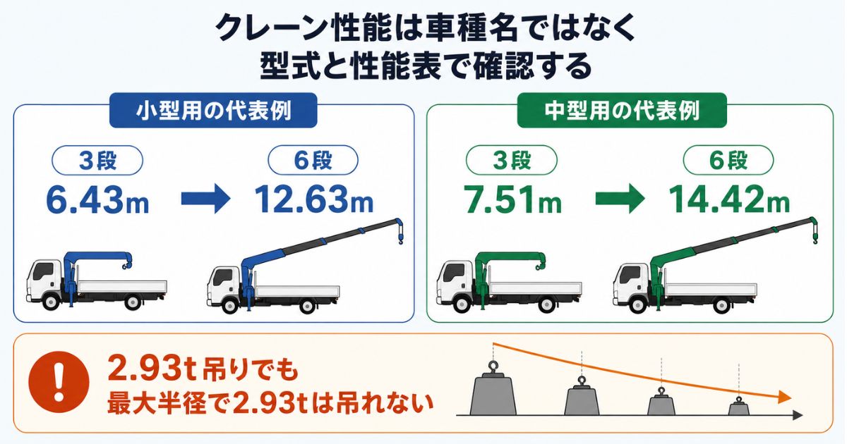 小型用と中型用のクレーンについて3段と6段の最大作業半径を比較し、2.93t吊りでも最大半径では吊れる重量が下がることを示す図解