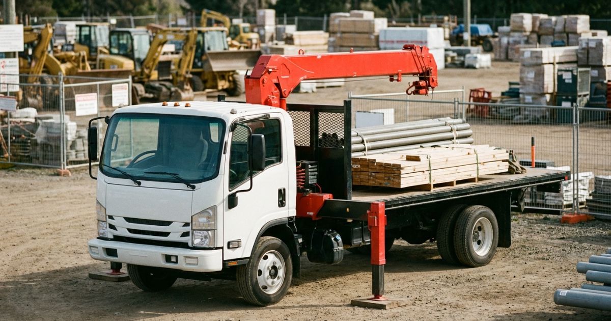 4トンクラス中型ユニック車の現場イメージ（積載と吊り作業の両立）