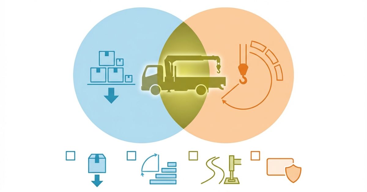 実質積載と作業半径を両立させる4トンユニック選定の判断軸を示す図解