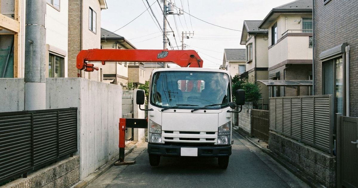 2t・3tクラスの小型ユニック車が狭い現場で作業前に展開可否を確認しているイメージ