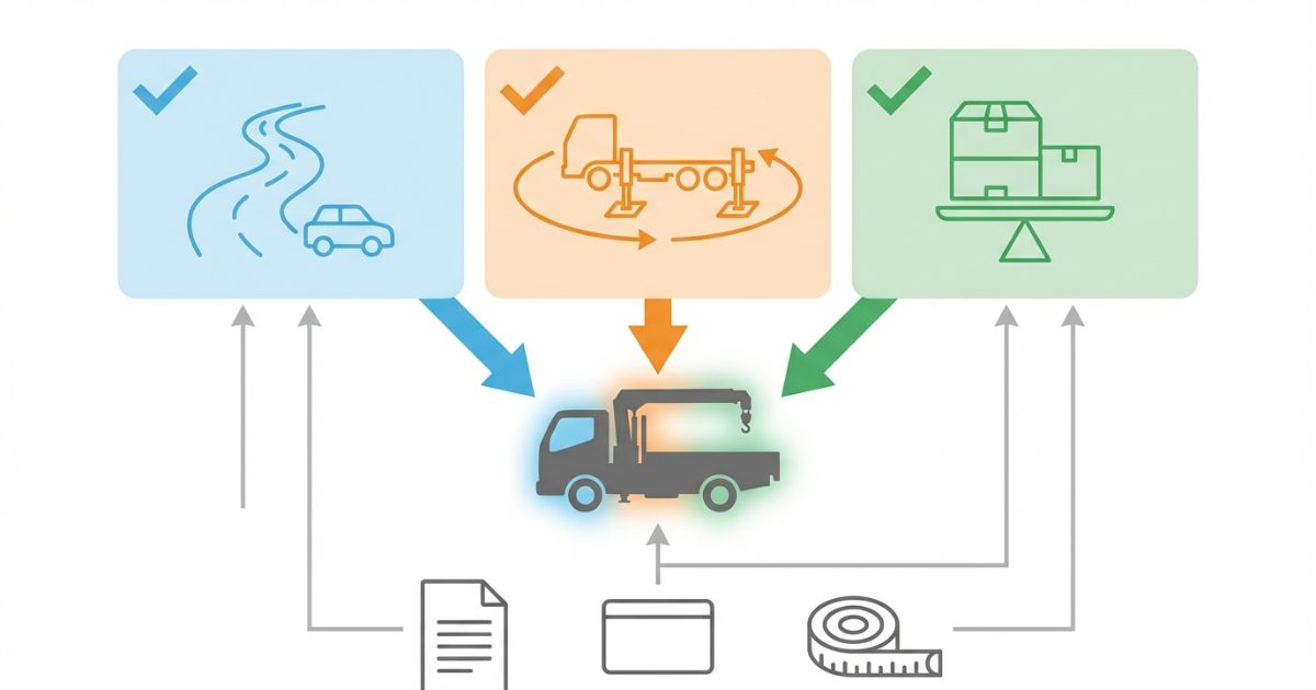  2t・3tエルフユニックは走行時寸法だけでなく作業時寸法と積載も照合する判断軸の図解