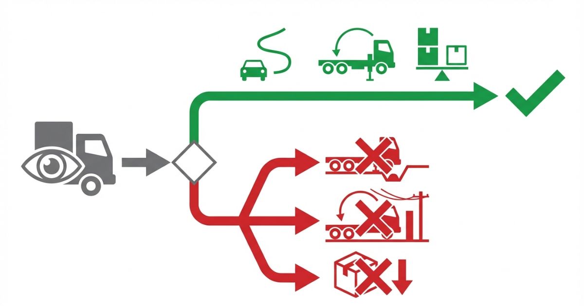 寸法だけで導入すると展開不可・旋回不可・積載不足に分岐する失敗パターンの図解