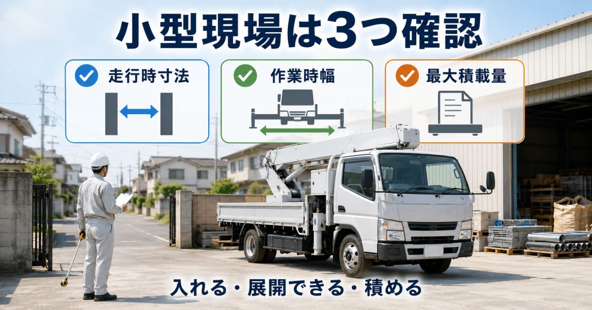 小型現場でエルフユニックを選ぶ際に走行時寸法・作業時幅・最大積載量を確認する場面