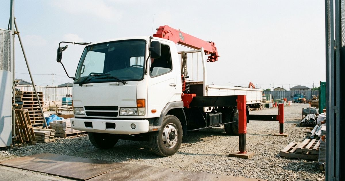 4tクラス中型ユニック車の現場イメージ（アウトリガー展開と車格の存在感）