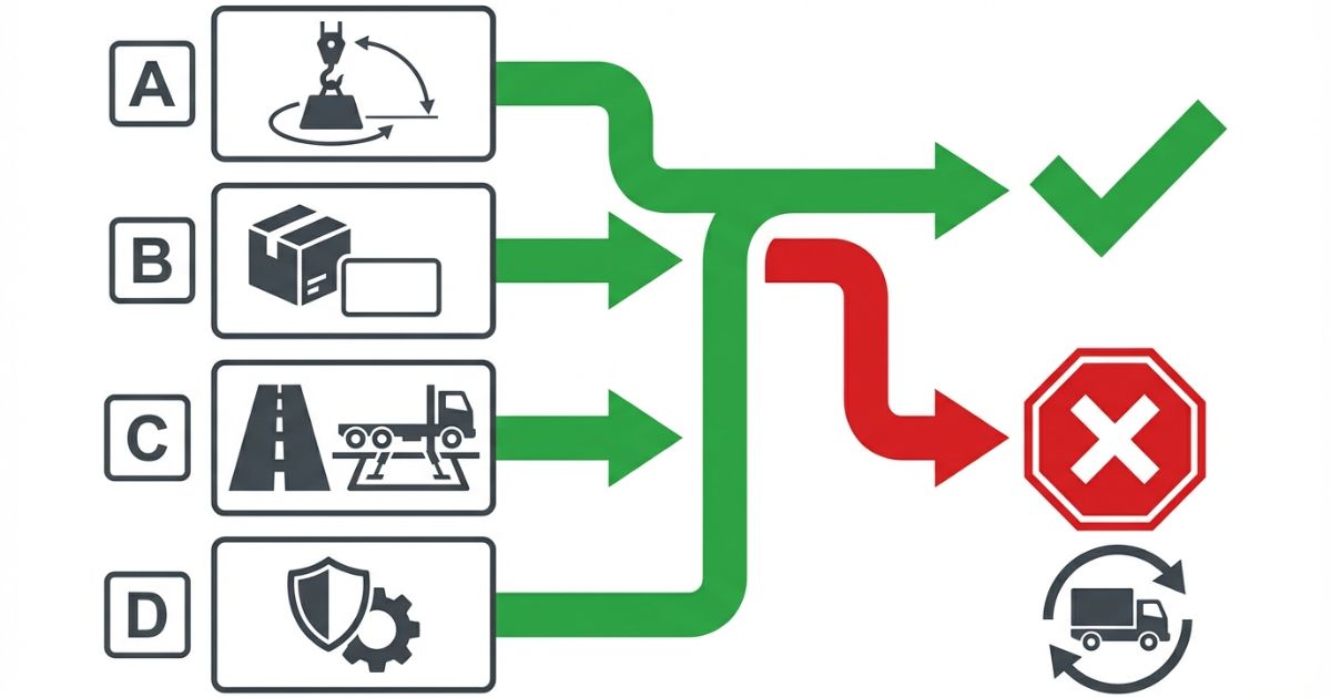吊れる・積める・入れる・運用できるの確認が欠けると当日停止になる分岐図解