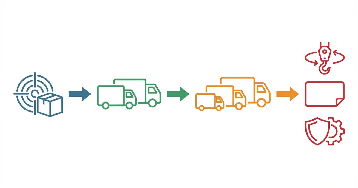 用途から車種とトン数を絞り制約を確認する判断軸の図解