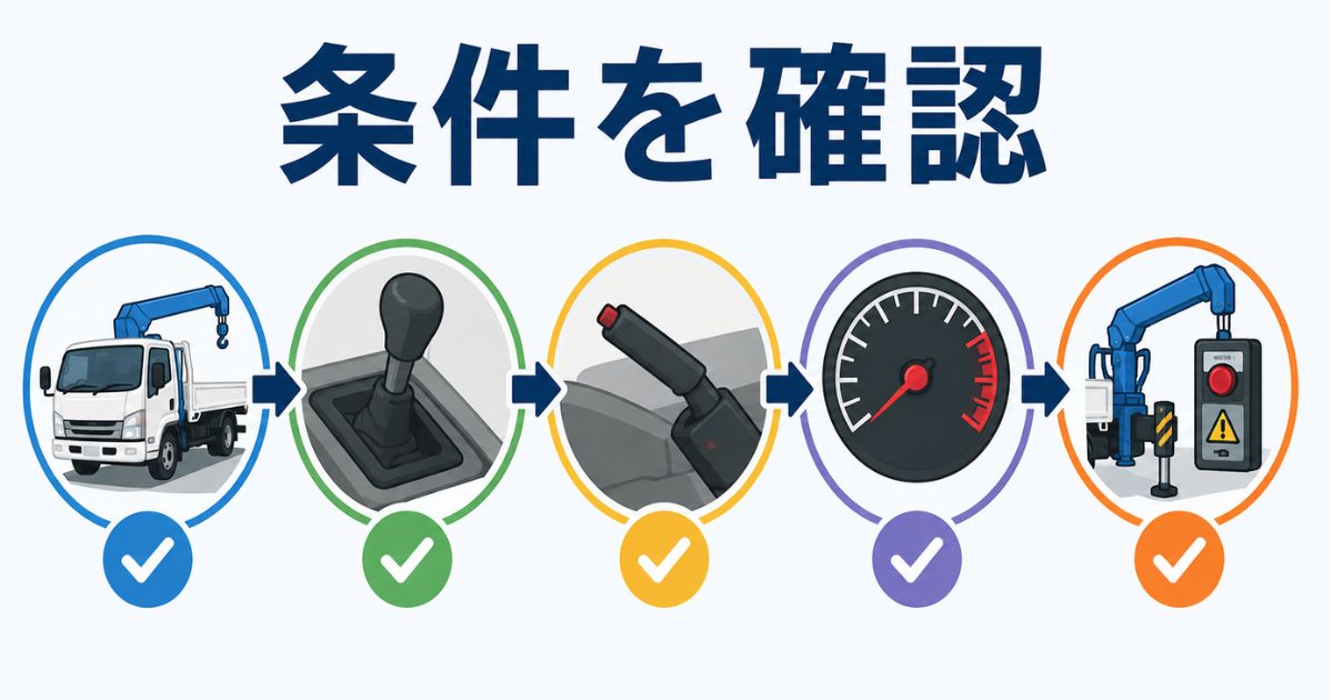 いすゞユニックのPTO作動条件を停車状態やシフト位置などの順に確認する図解