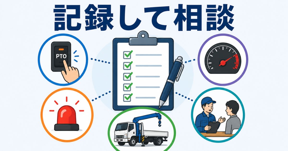 PTOが入らない症状を記録して整備相談につなげる流れを示す図解
