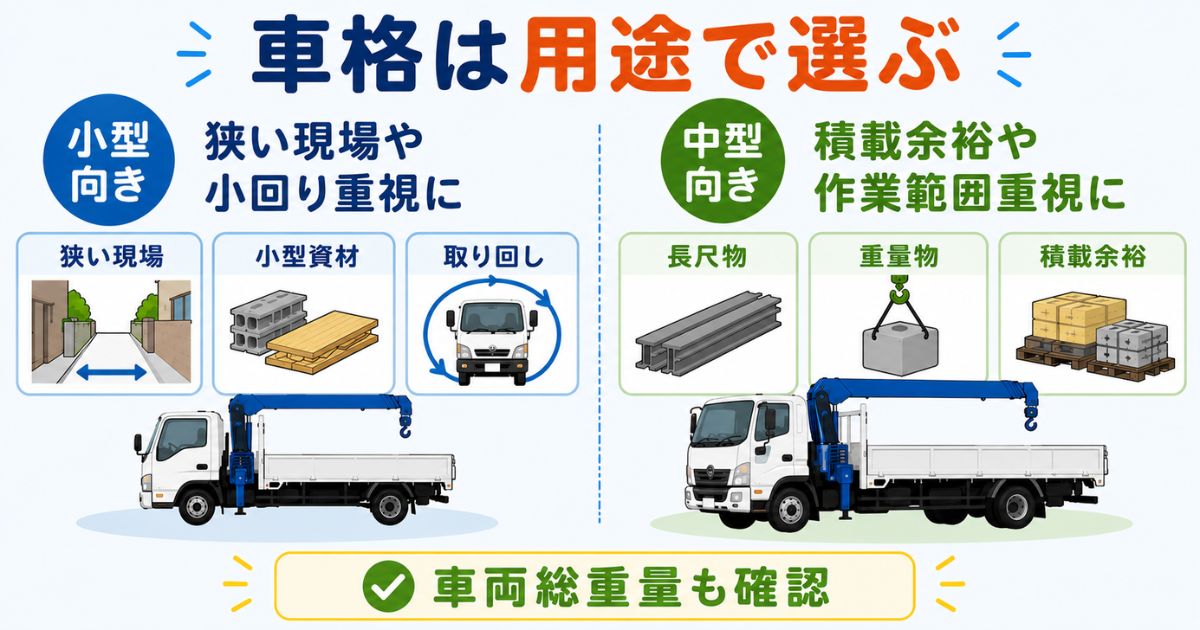 いすゞユニック新車の小型クラスと中型クラスを用途・積載・車両総重量で比較する図解