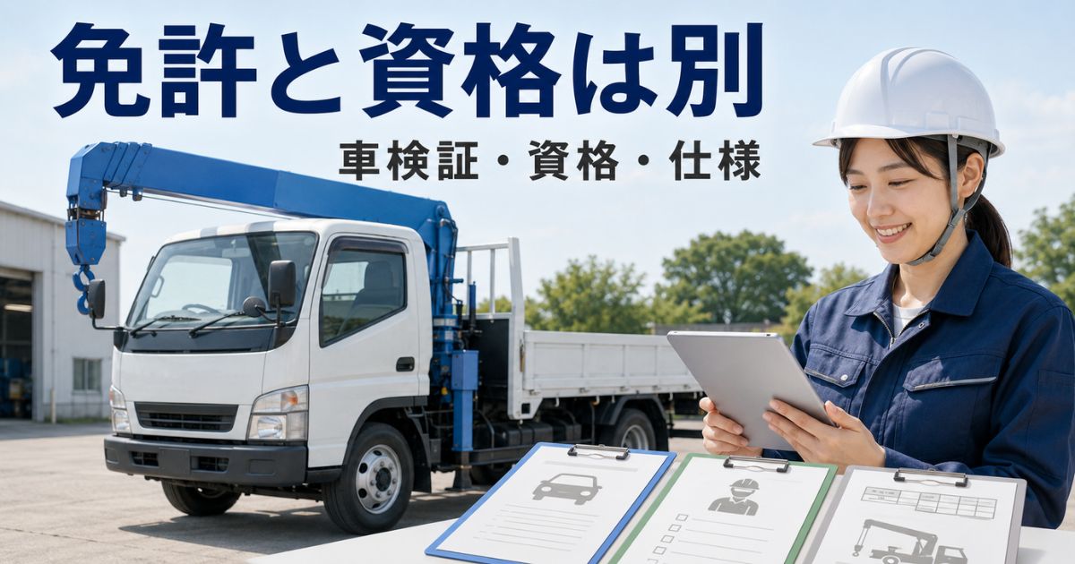 いすゞユニック新車の導入前に運転免許・クレーン資格・車検証を確認する写真風イメージ