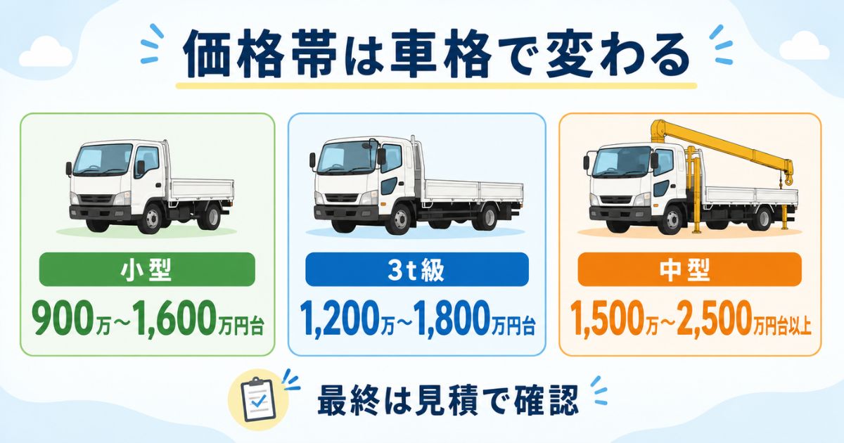 いすゞユニック新車の小型・3t級・中型の価格目安を比較する図解
