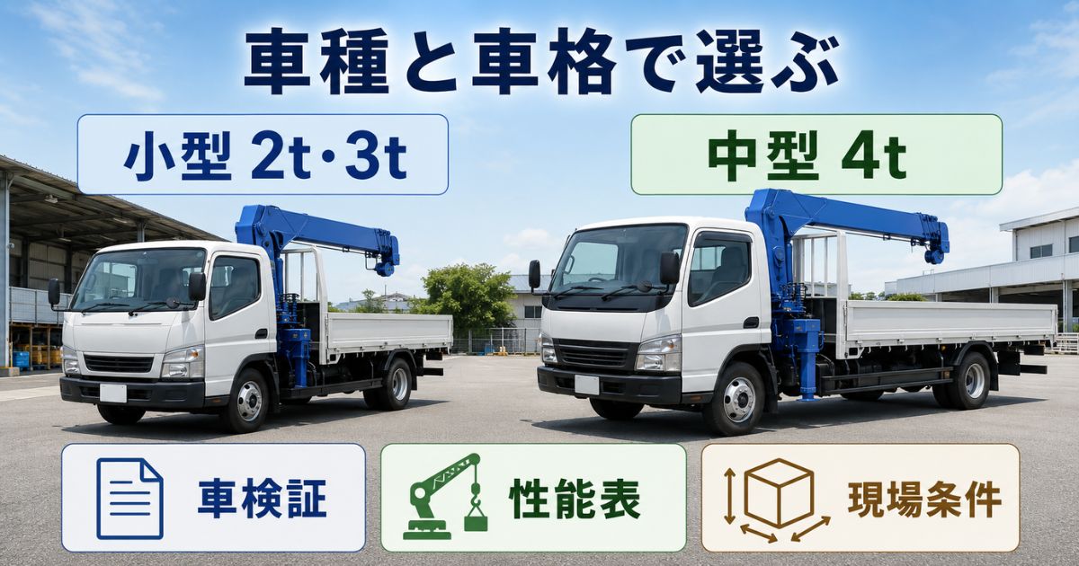 小型2t・3tクラスと中型4tクラスのクレーン付きトラックを車検証・性能表・現場条件から選ぶ構成