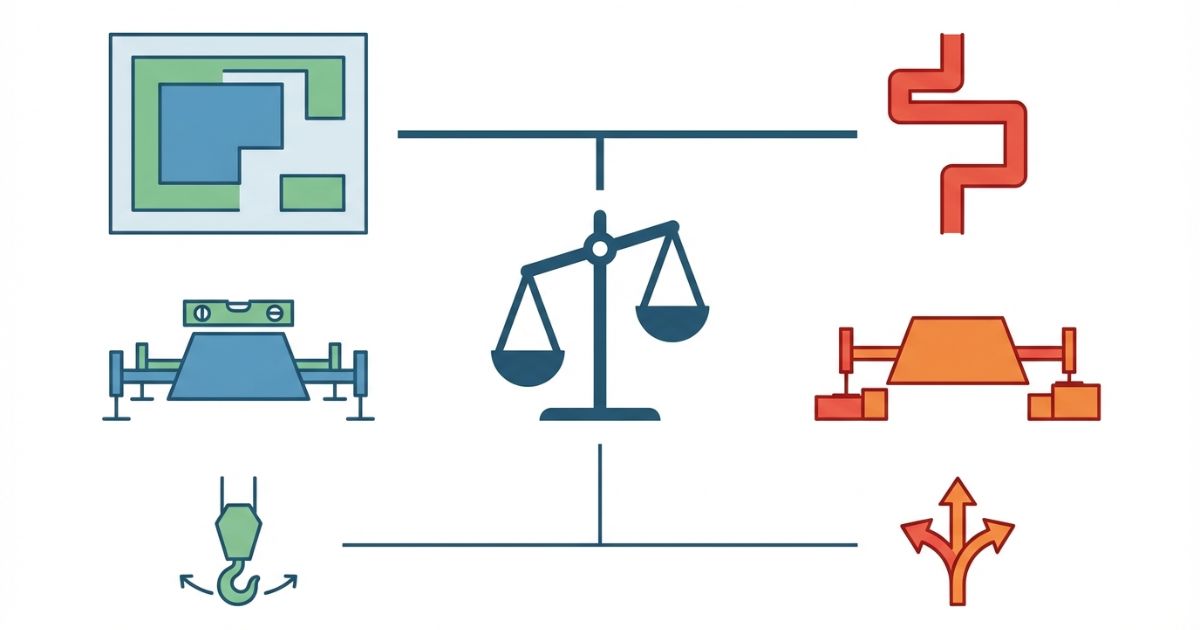 安定性重視で中〜大型現場に向くという判断軸を示す図解