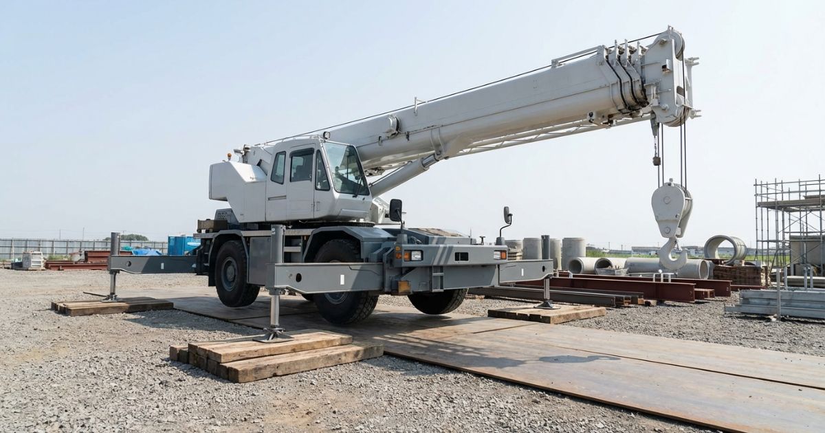 加藤製トラッククレーンの特徴を想起させる安定した据え付け作業のイメージ