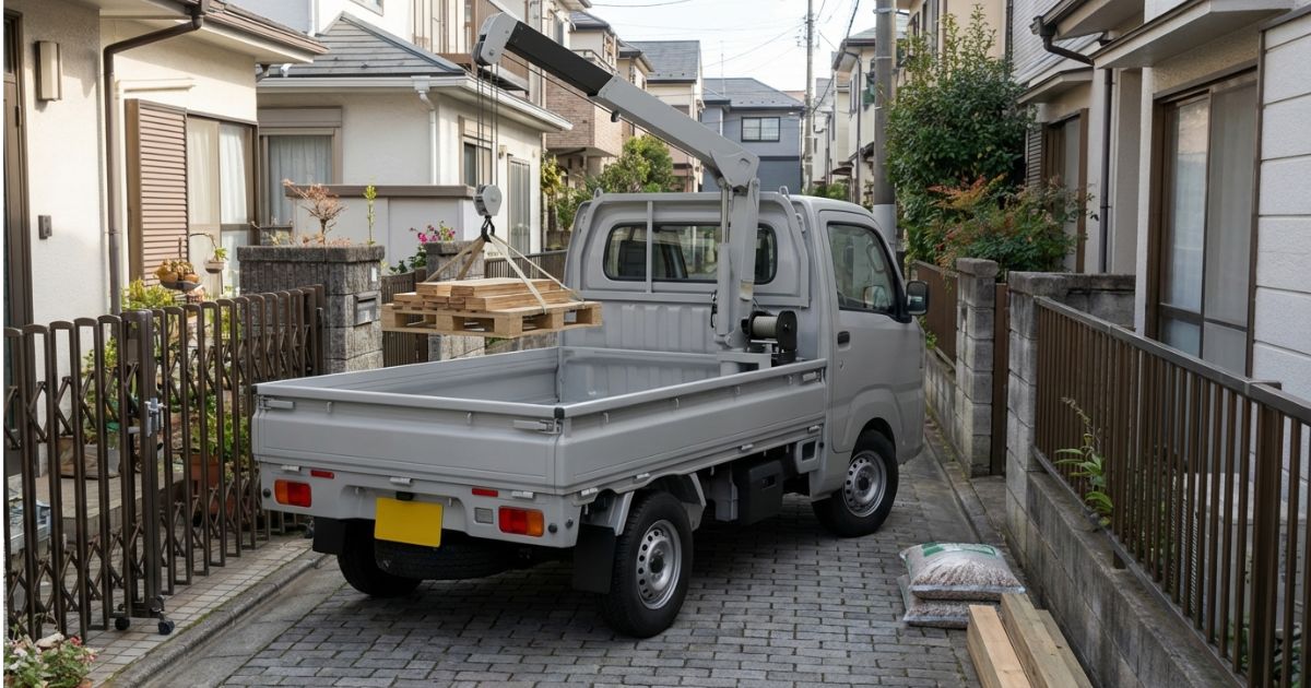 軽トラックに簡易クレーン機構を備えた車両が狭小現場で軽量物を荷役している様子