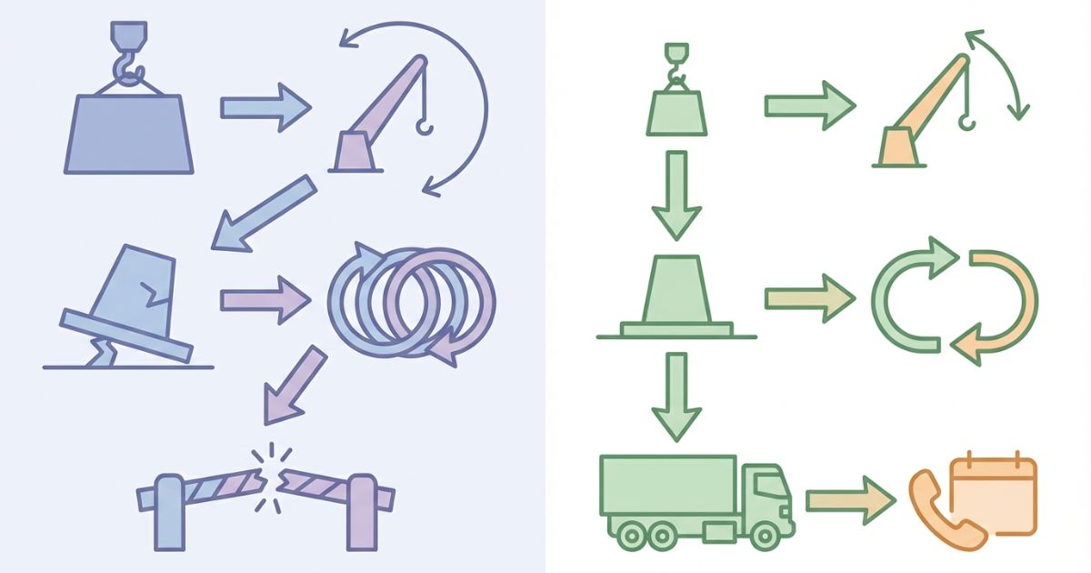  軽トラッククレーンで起きやすい失敗と安全側の切替判断を示す図解