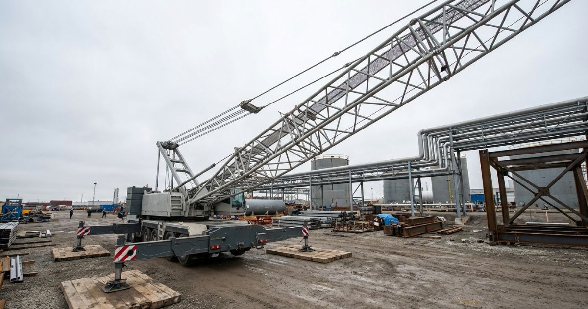 ラチスジブ型トラッククレーンが大型用途の現場で設置されている様子