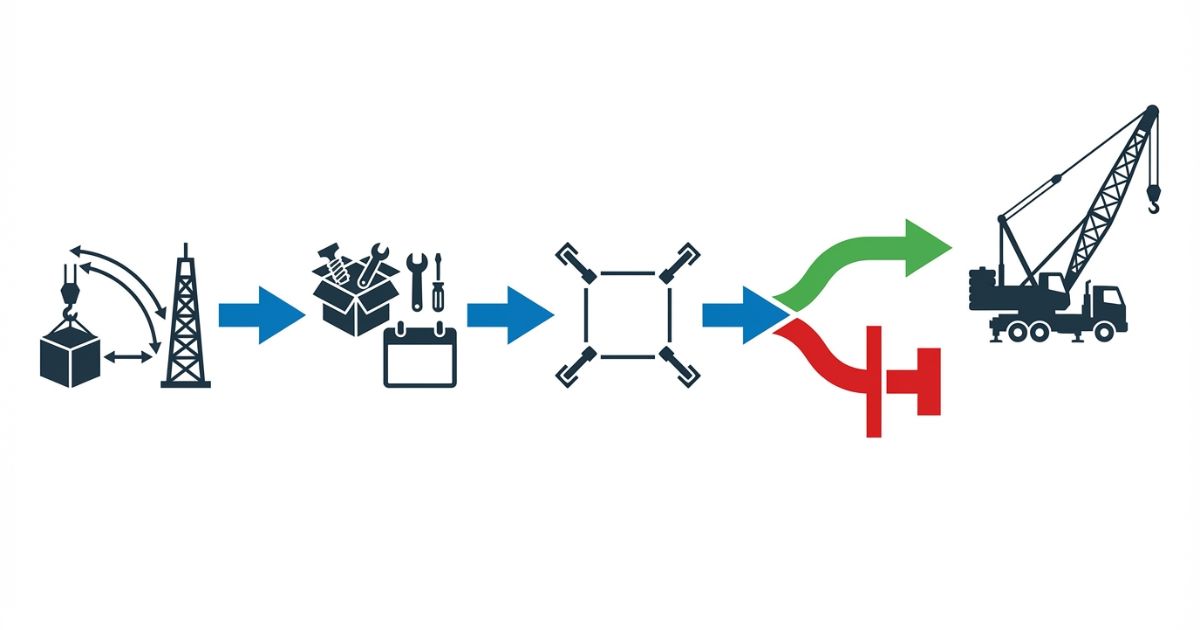  大型用途でラチスジブ型を選ぶための要件と段取りとスペースの判断フロー図解