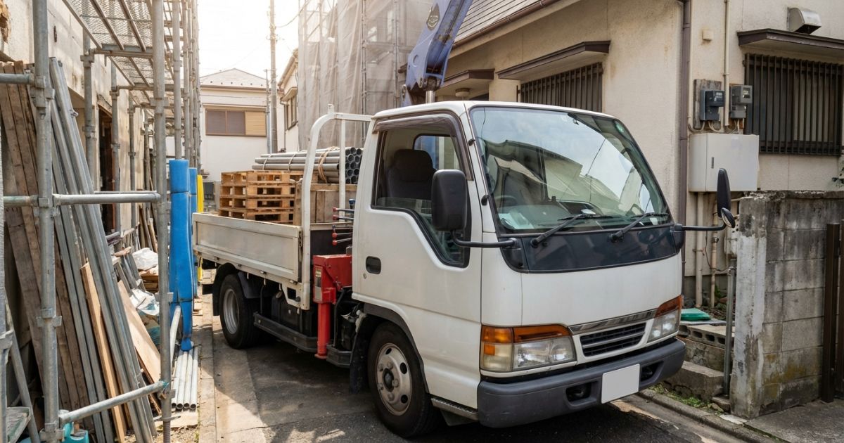 小型現場の狭い進入路で使われる2t3tクラスのクレーン付きトラックのイメージ写真