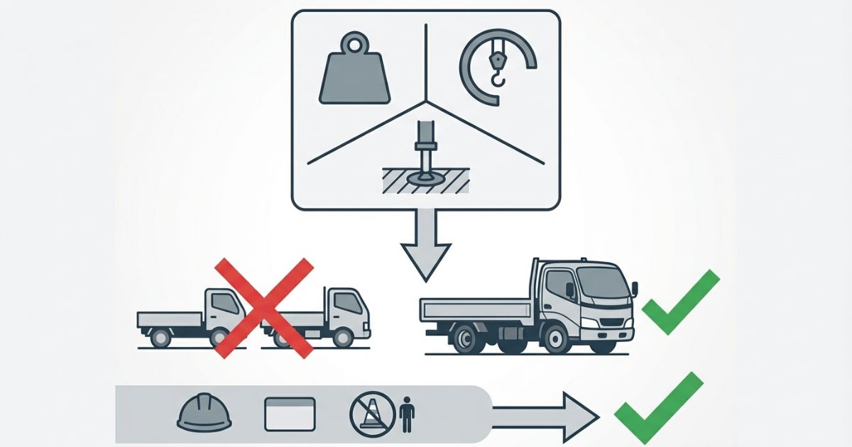 重量×作業半径×設置条件で4t中型が必要かを判定し運用体制で可否を決める判断軸の図解