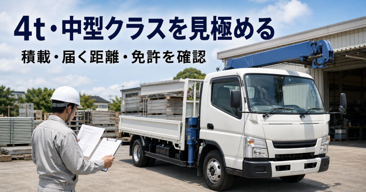 4t・中型クラスのクレーン付きトラックと車検証を確認する担当者を配置し、積載・作業半径・免許の確認を促す構成