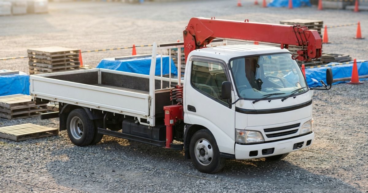 三菱ふそうのクレーン付きトラックを現場で確認するイメージ