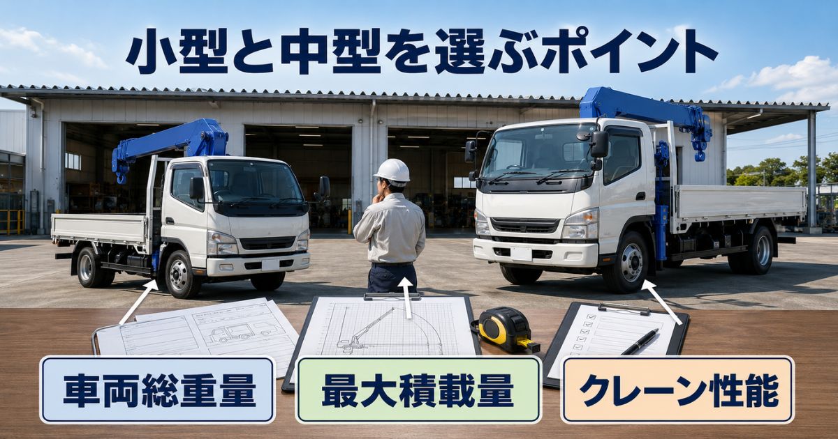 小型と中型のクレーン付きトラックを並べ、車両総重量・最大積載量・クレーン性能を確認する選び方を示す