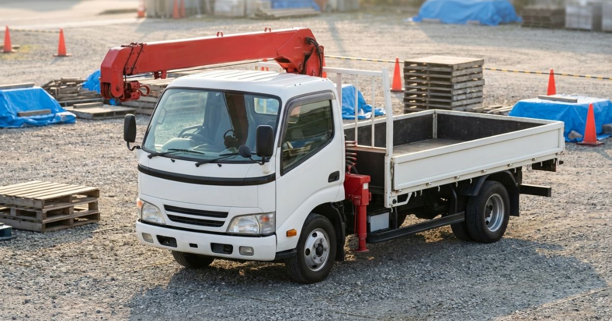 三菱ユニック導入を検討する現場でクレーン付きトラックを確認するイメージ