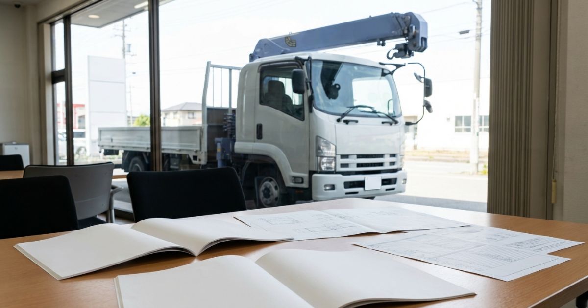 商談スペースで無地のカタログ資料を広げてクレーン付きトラックを確認しているイメージ写真
