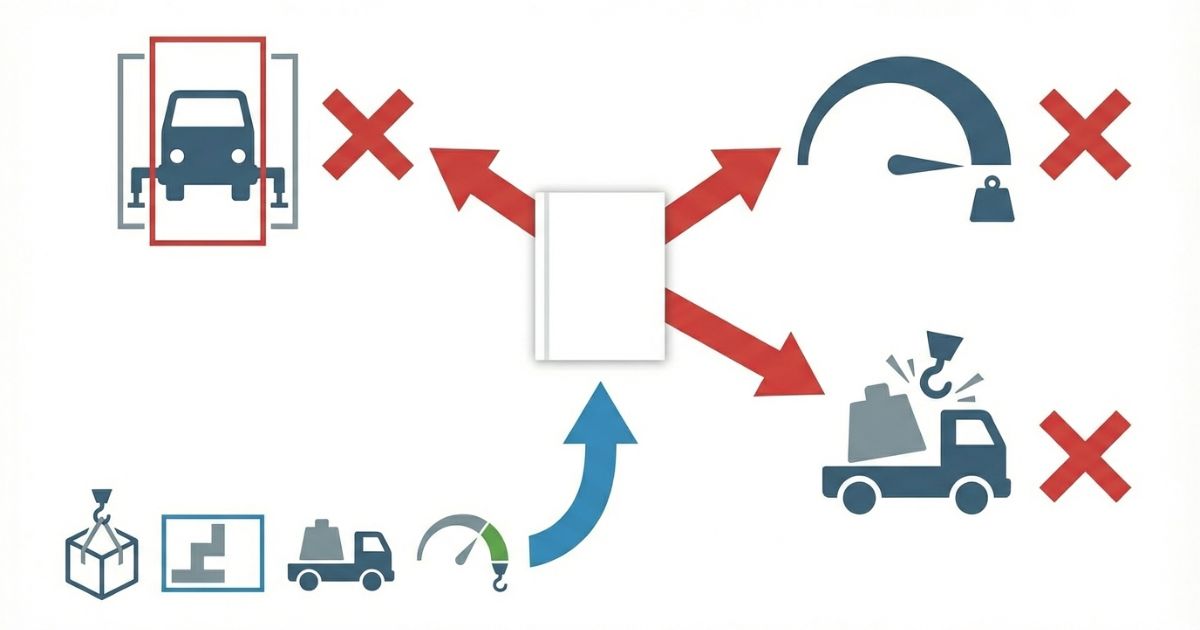 最大条件の鵜呑みや張り出し見落としなどカタログ誤読の失敗パターンを示す文字なし図解