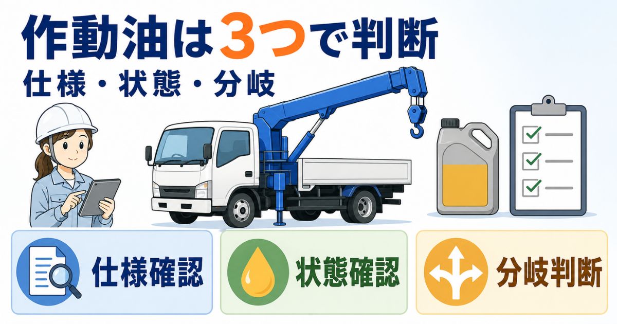 三菱ユニックの作動油を仕様確認・状態確認・分岐判断の3つで整理するアイキャッチ図解