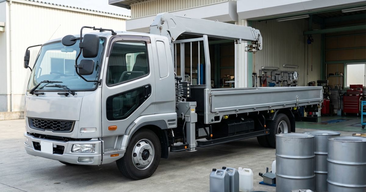 三菱ユニック車と作動油の点検・整備イメージ（写真）