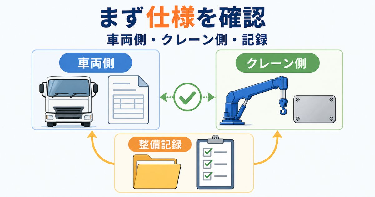 三菱ユニックの作動油確認で車両側・クレーン側・整備記録を分けて確認する図解