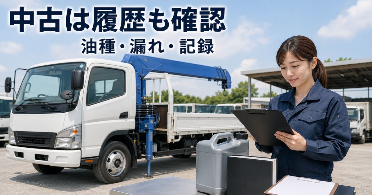 中古の三菱ユニックで作動油の油種・漏れ・整備記録を確認する写真風イメージ