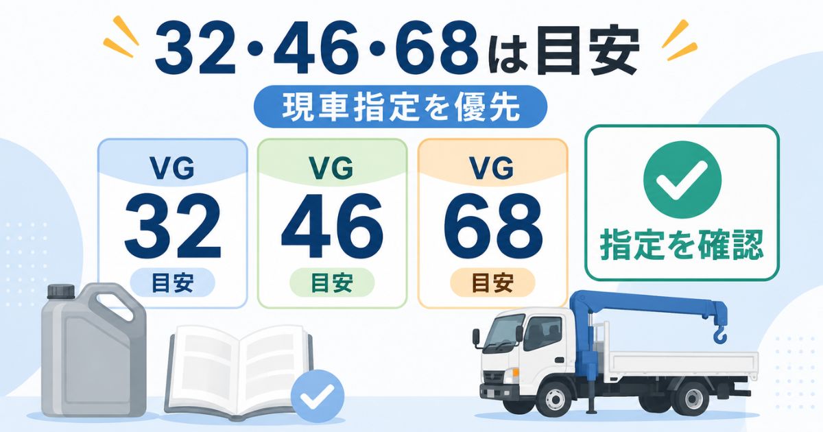 ISO VG 32・46・68などの作動油粘度は目安で現車指定を優先することを示す図解