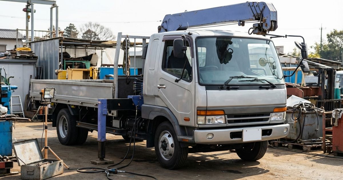 クレーン付きトラックの点検対応を想起させる整備スペースの写真イメージ