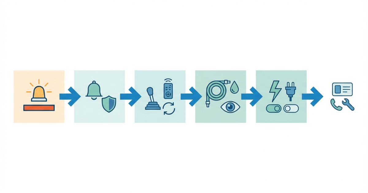 故障時は停止判断から安全装置と条件確認を経て段階的に切り分ける流れの文字なし図解