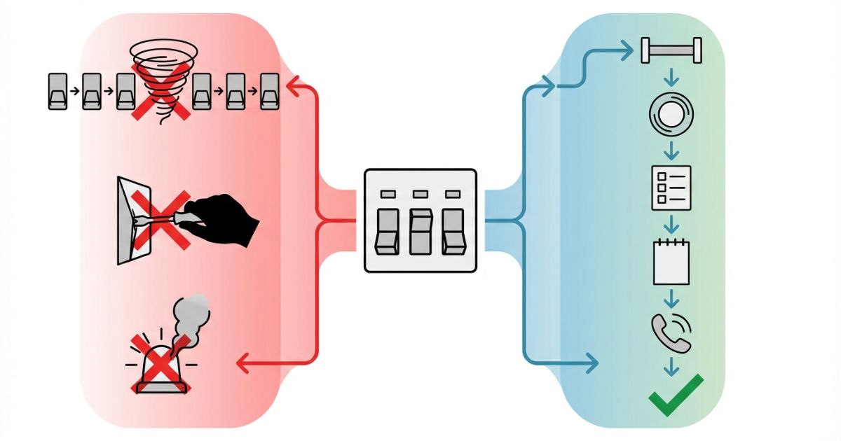 焦って繰り返し操作するなど危険な対応と安全な切り分け手順を対比した文字なし図解