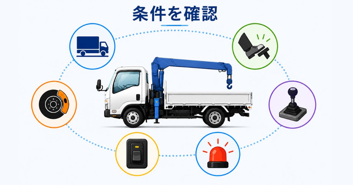 三菱ユニックでPTOが入らないときに停車状態やブレーキ条件などを順番に確認する図解