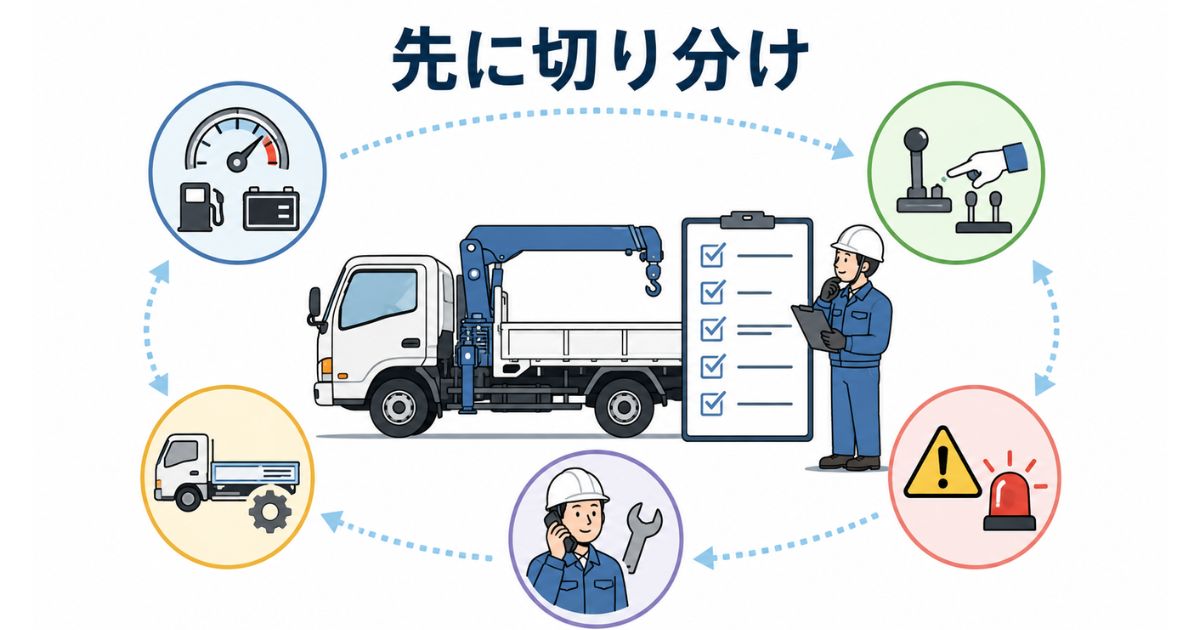 三菱ユニックでPTOが入らないときに故障と決めつけず先に切り分ける流れを示す図解