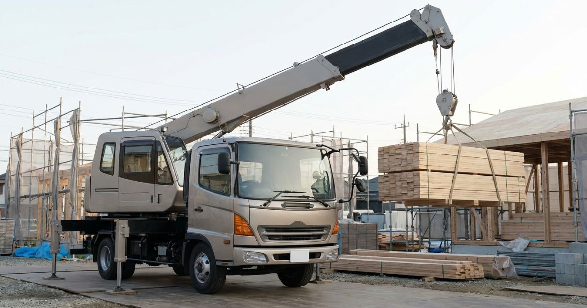 クレーン付きトラックが現場で資材を吊り上げている性能確認イメージ写真