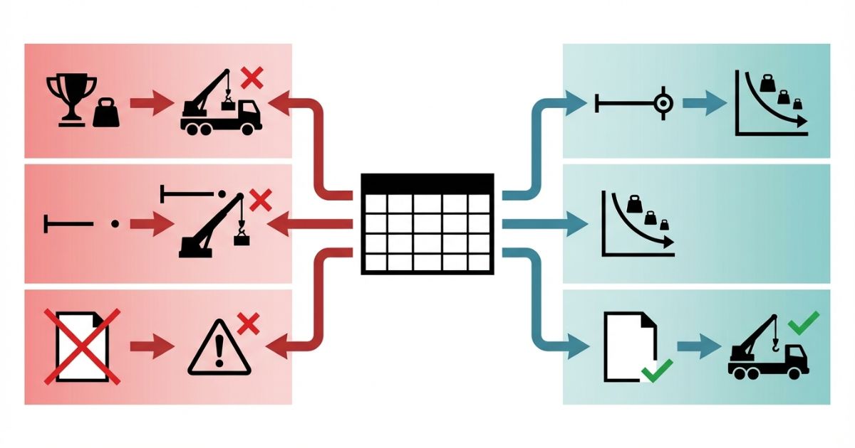  最大値だけ見て失敗する分岐と正しい読み方の分岐を示す文字なし図解
