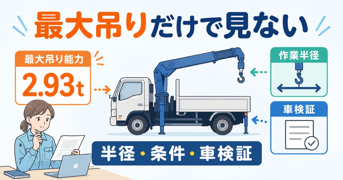 三菱ユニックの性能表は最大吊り能力だけでなく作業半径と条件を確認する必要があることを示す図解
