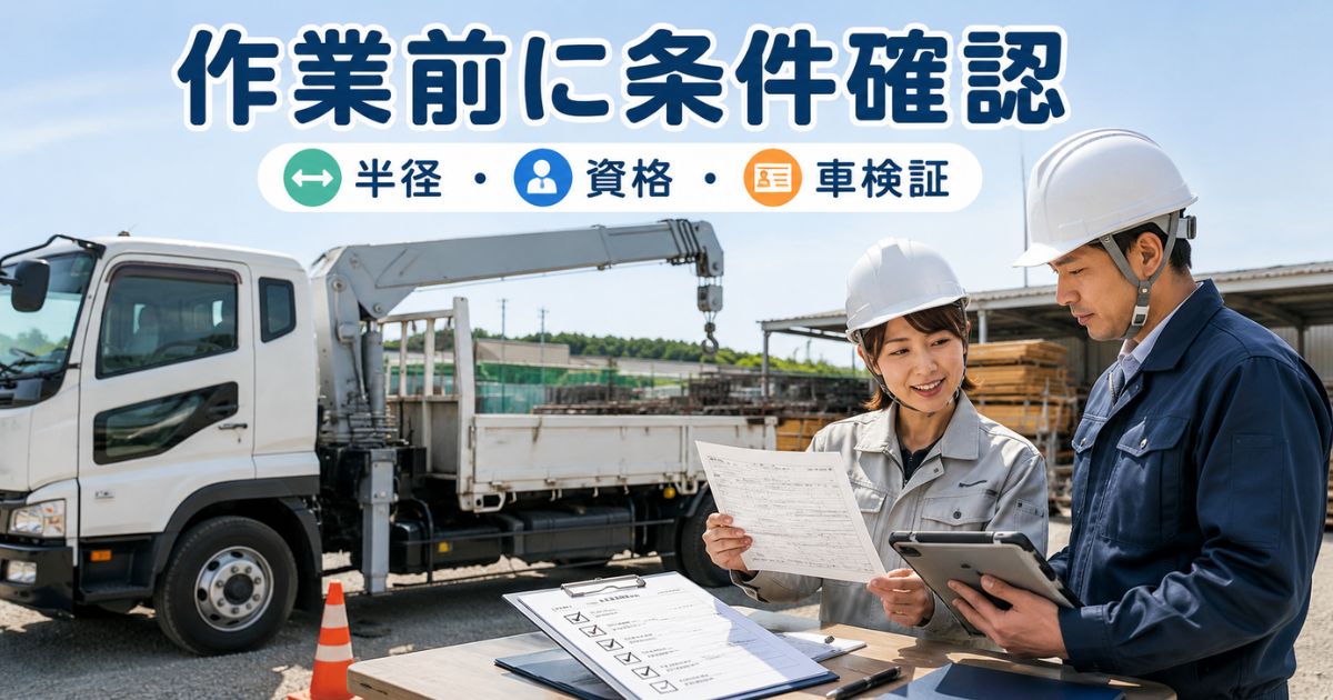 三菱ユニックの作業前に作業半径、資格、車検証を確認している安全確認の写真風イメージ