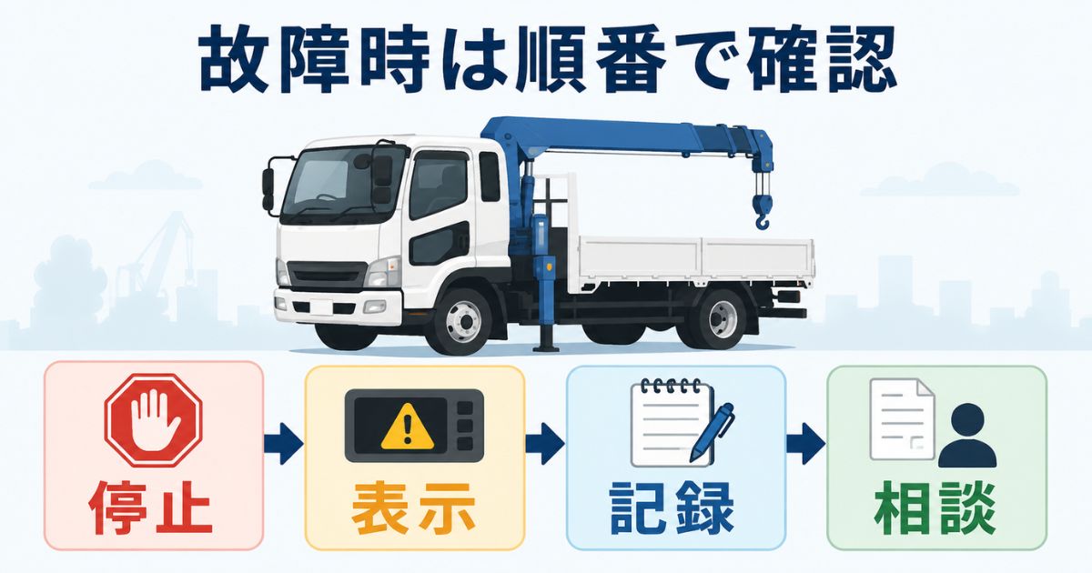 三菱系ユニック車の故障時に停止して表示を確認し記録して相談する流れの図解