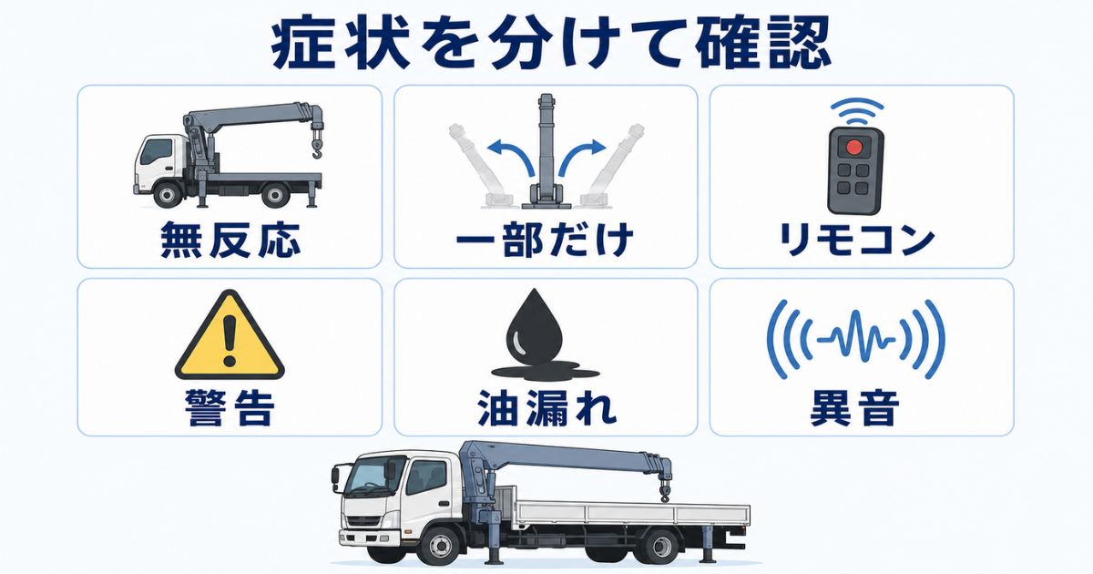 三菱系ユニック車の故障症状を無反応や一部動作不可や警告などに分けて整理した図解