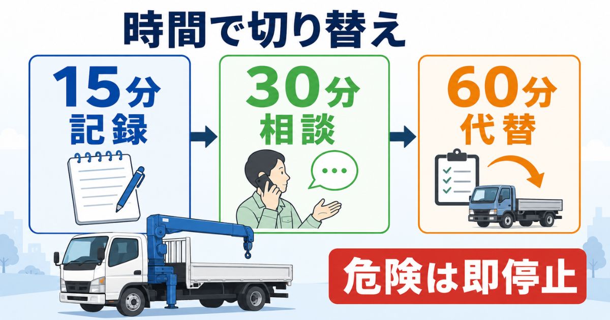 三菱系ユニック車の故障時に15分で記録し30分で相談し60分で代替判断する流れの図解